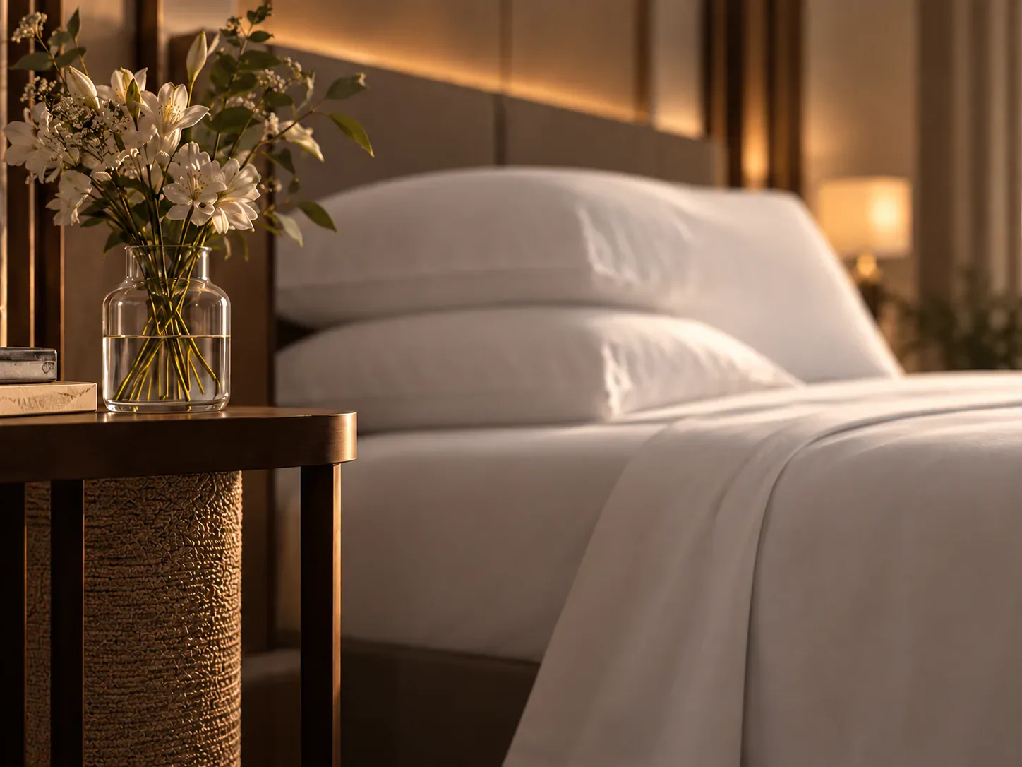 Cama com lençóis brancos e flores sobre uma mesa de cabeceira