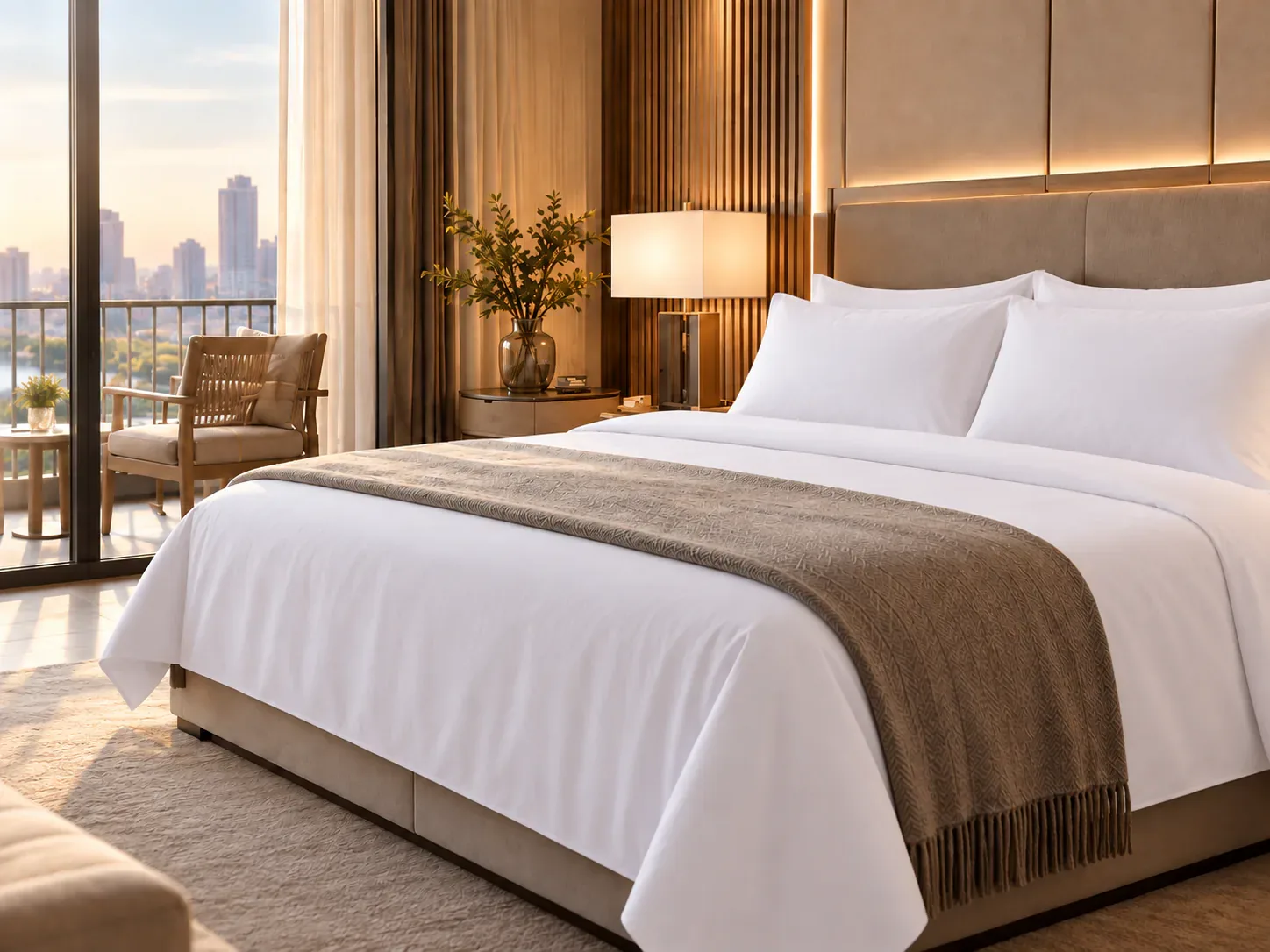 Enxoval branco em cama de hotel, com manta bege e iluminação acolhedora