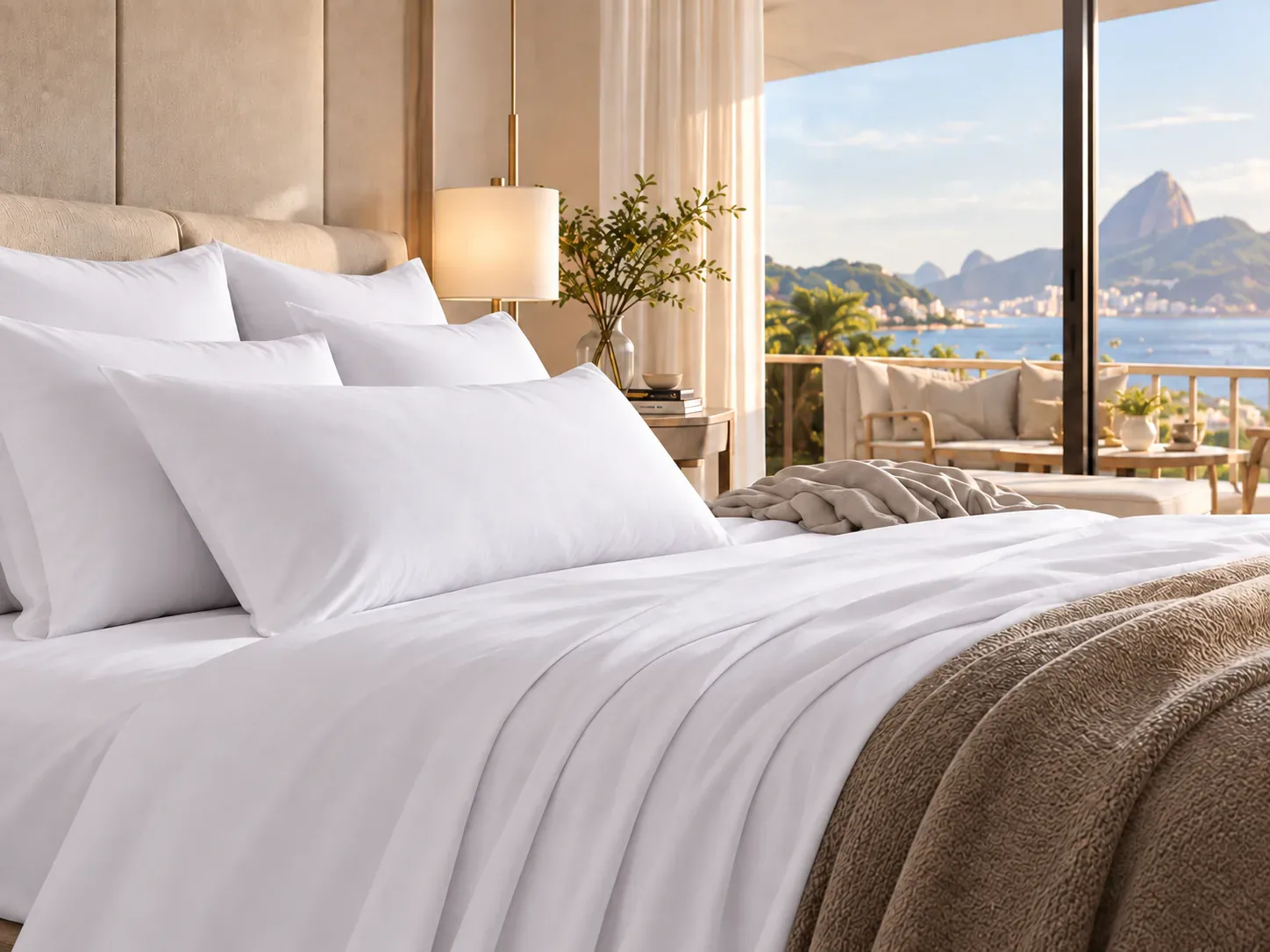 Cama com lençóis brancos em um quarto acolhedor com vista para o mar